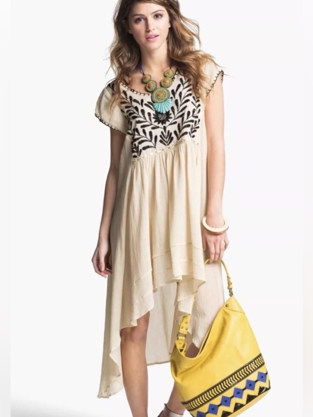 Free People Cream Cap Sleeve High-Low Embroidered Boho Dress